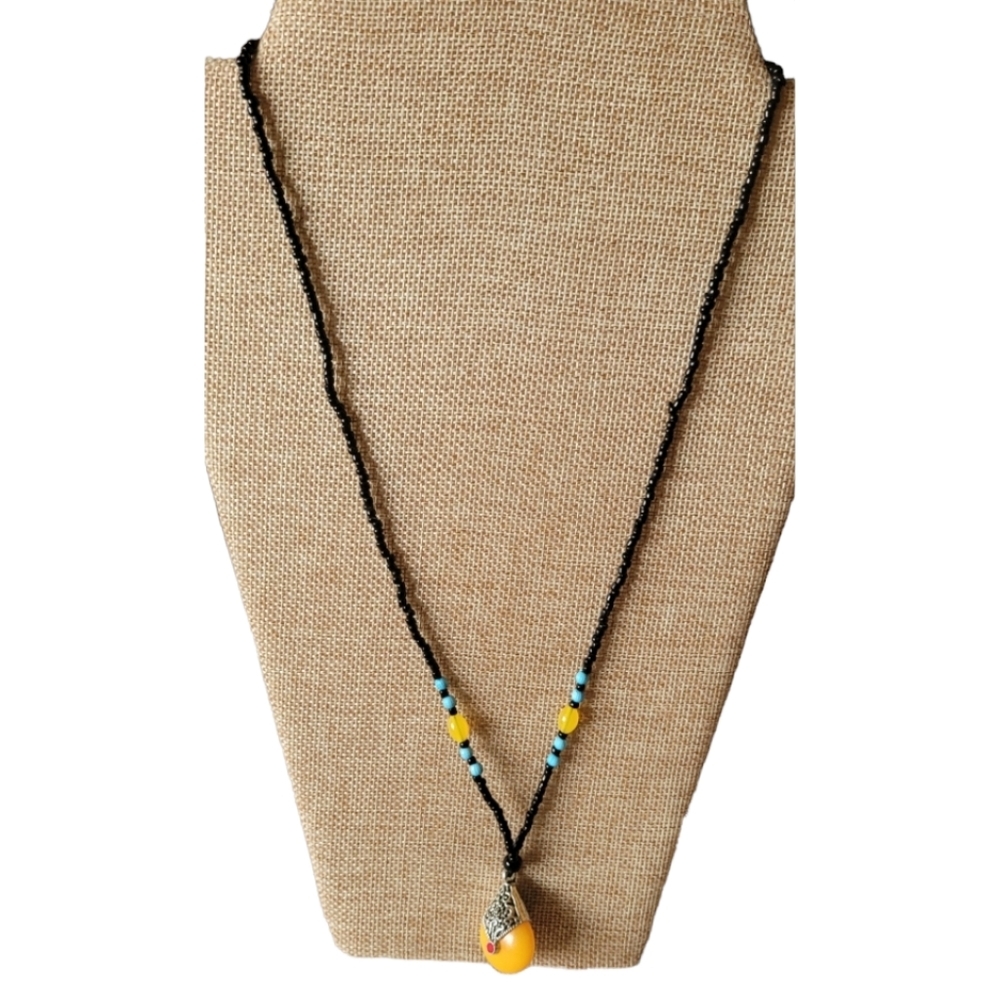 Hand Beaded 12" Necklace Black Yellow and Turquoise w Silvertone Accents